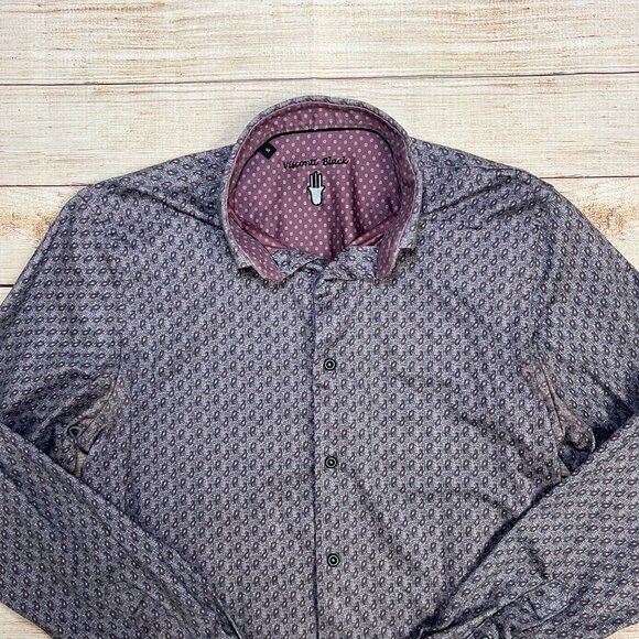 Visconti Black Men's Dress Shirt Small Gray Paisley Print Contrast Trim - Picture 9 of 11